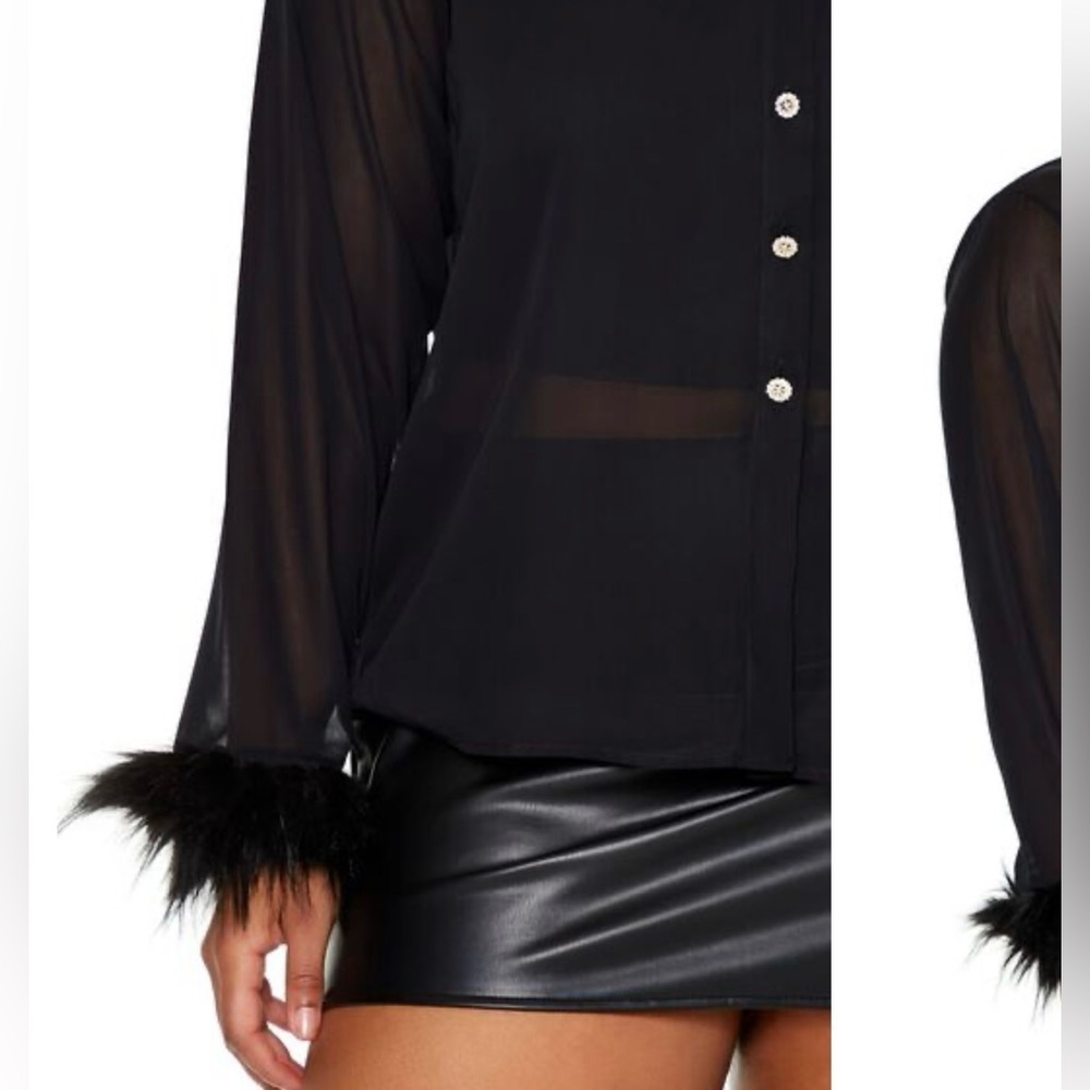 Black Sheer Blouse with Faux Fur Cuffs - Picture 8 of 8